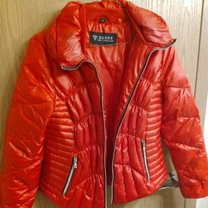 GUESS Red Quilted Puffer Jacket with Zip Pockets